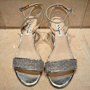 NINA Silver Metallic Rhinestone Wedge Ankle-Strap Evening Sandal